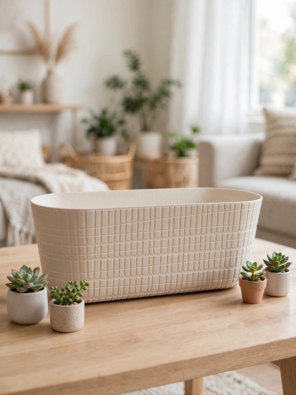 Beige Textured Oval Planter 11 in Long Grid Pattern Plastic Trough Plant Pot NEW